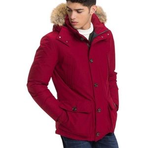 Tommy Hilfiger Down Feather Coat Fur Hood Zip Up Buttons
